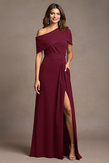 Burgundy One Shoulder A Line Long Mother Of The Bride Dress With Slit